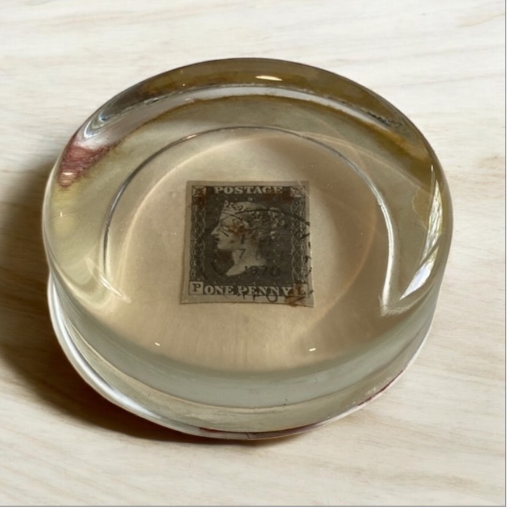 Vintage Glass Paperweight with ONE PENNY 1970 Stamp